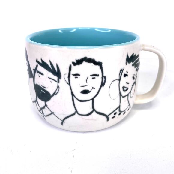 Anthropologie People Person Coffee Mug Collectible 10 oz. White Black Blue Faces - Picture 1 of 6